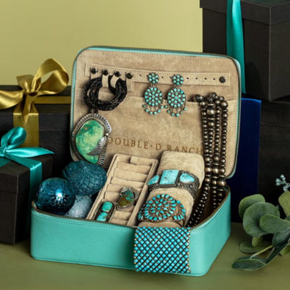 NEW DOUBLE D RANCH The Santa Fe Turquoise Leather Travel Jewelry Case Southwest